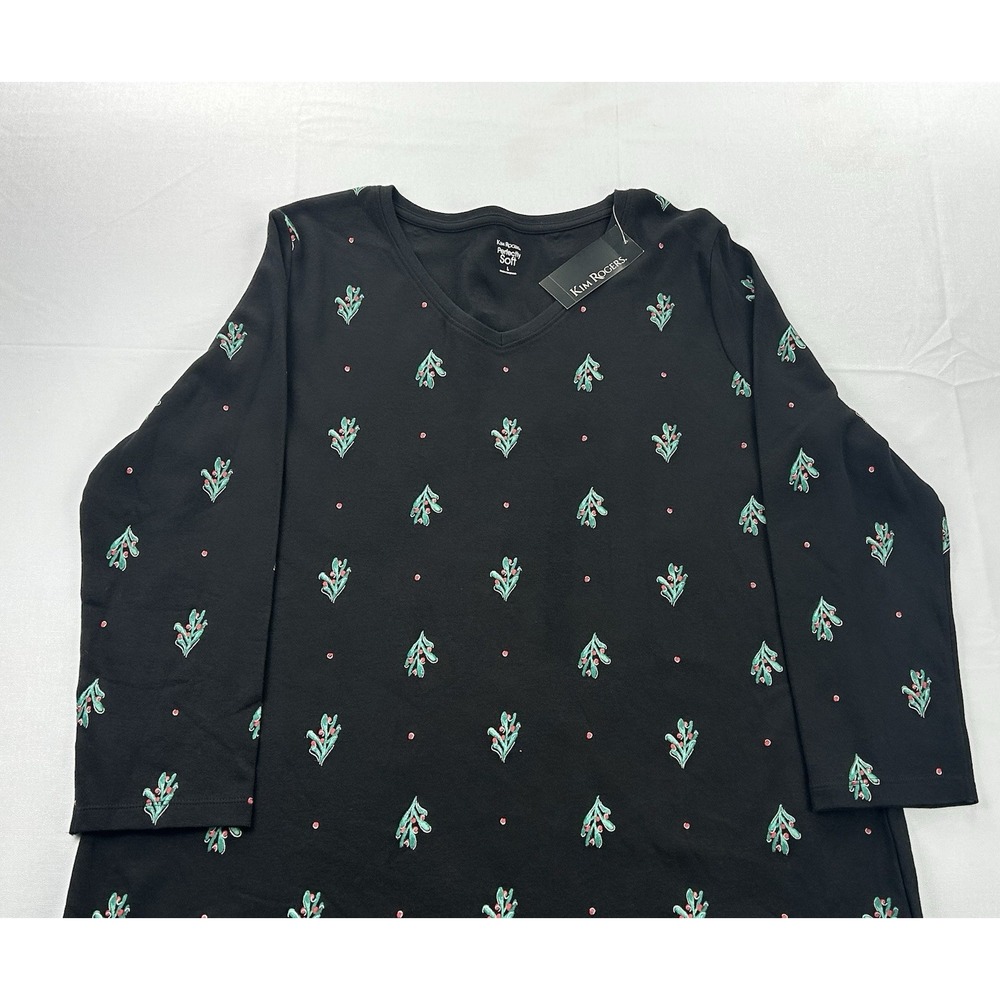 Kim Rogers Womens L Black Christmas Holly Embroidered 3/4 Sleeve V Neck NEW